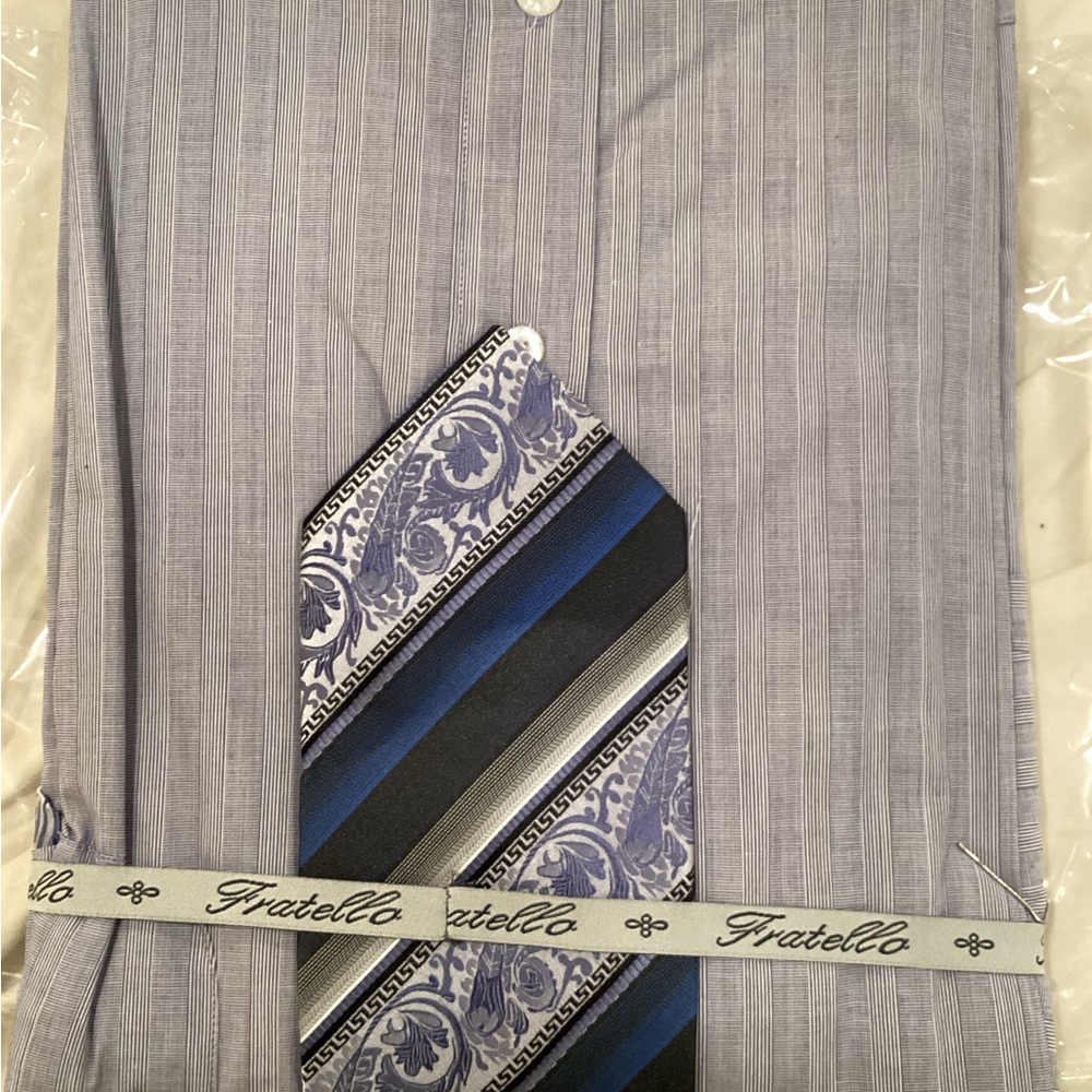 Fratello Men's Striped Blue Dress Shirt with Tie - Picture 4 of 6